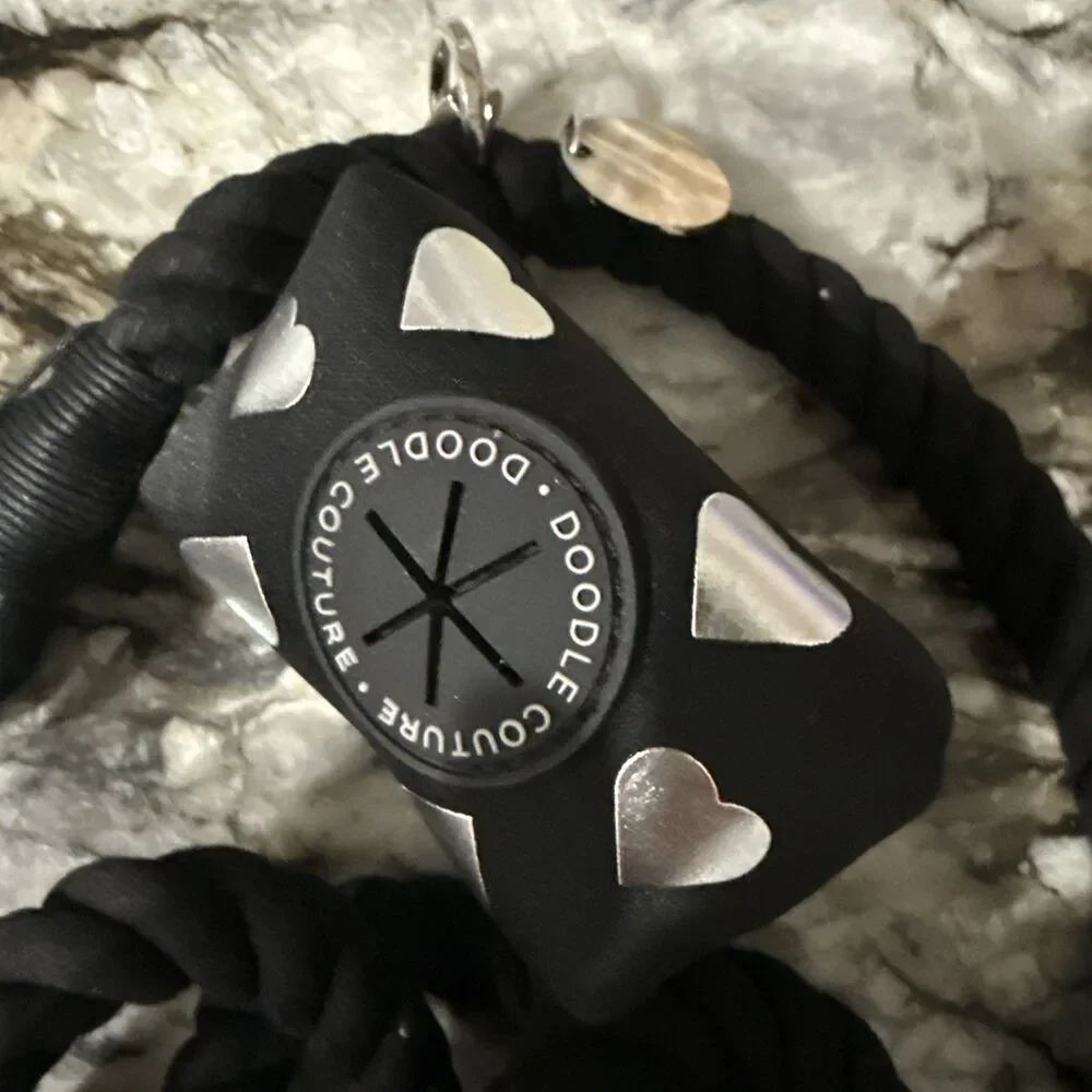 DOODLE COUTURE - Black W/Hearts Dog Harness, Leash & Poop Bag Holder Set-Small